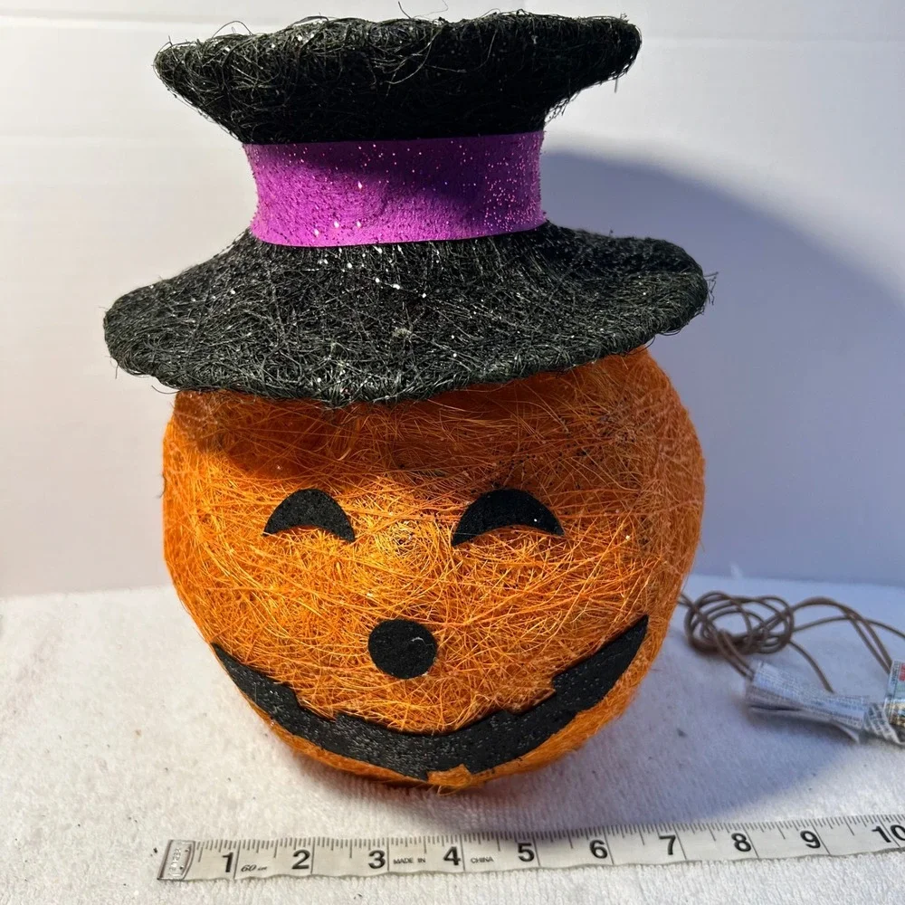 Halloween Lighted Sisal Pumpkin Jack-O-Lantern with Top Hat Decor 10.5in